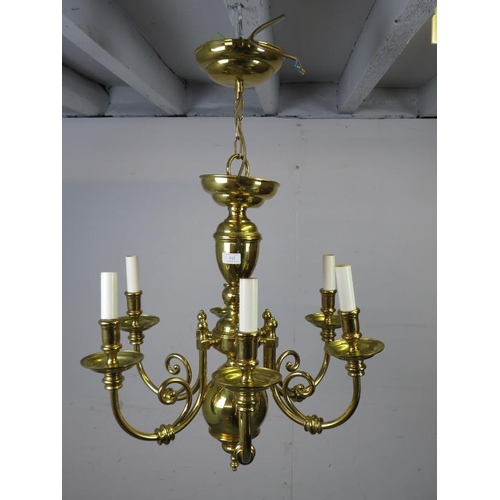 842 - An antique style six branch chandelier, together with an Edwardian style brass hall lantern. 
Chande... 