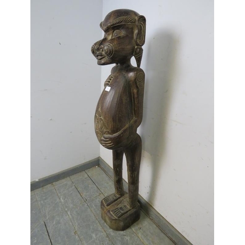 848 - A large vintage carved hardwood African fertility statue, on a plinth base. 
H123cm W22cm D22cm (app... 