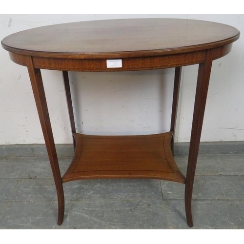 856 - An Edwardian mahogany oval occasional table, crossbanded and parquetry strung, on tapering square ou... 