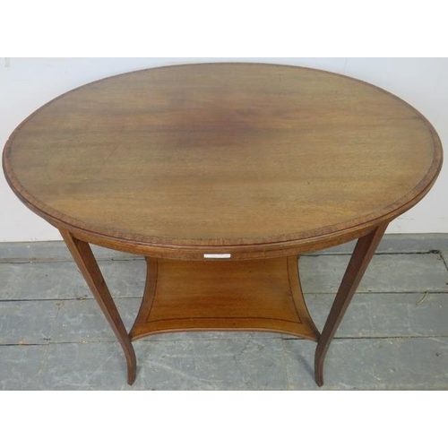 856 - An Edwardian mahogany oval occasional table, crossbanded and parquetry strung, on tapering square ou... 