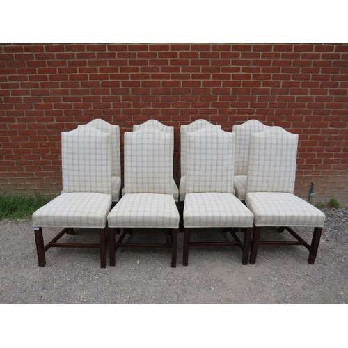 860 - A set of eight antique Georgian Revival mahogany camel back dining chairs, reupholstered in neutral ... 