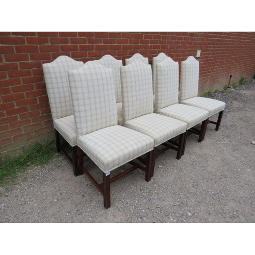 860 - A set of eight antique Georgian Revival mahogany camel back dining chairs, reupholstered in neutral ... 