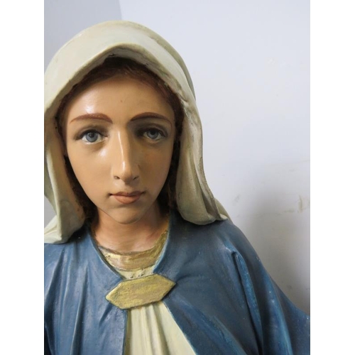 873 - A vintage painted plaster statue of the Madonna, on a plinth base. 
H86cm W38cm D23cm (approx). 
Con... 