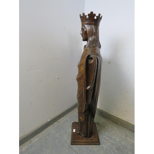 874 - A well carved antique oak statue of Christ, on a plinth base. 
H117cm W76cm D29cm (approx).
Conditio... 