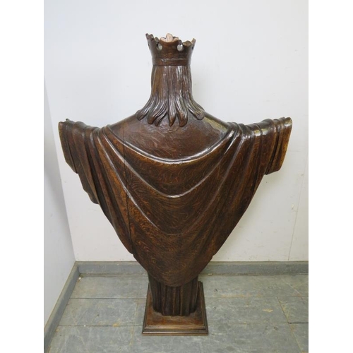 874 - A well carved antique oak statue of Christ, on a plinth base. 
H117cm W76cm D29cm (approx).
Conditio... 