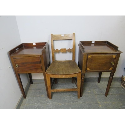 875 - Two 19th century mahogany inlaid bedside cabinets with ¾ galleries, together with a 19th century elm... 