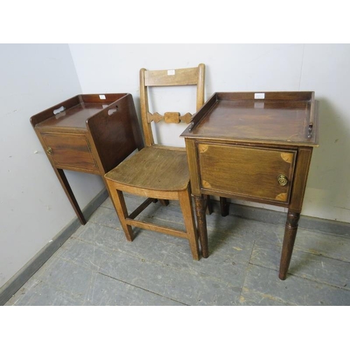 875 - Two 19th century mahogany inlaid bedside cabinets with ¾ galleries, together with a 19th century elm... 