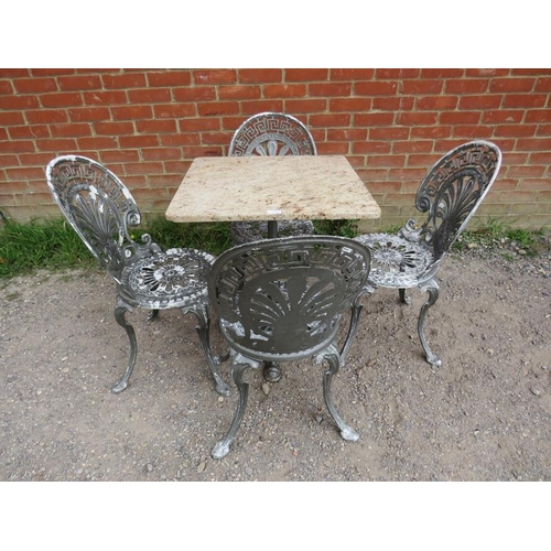 895 - A vintage five-piece garden set painted metallic grey comprising a marble-topped square table on a c... 