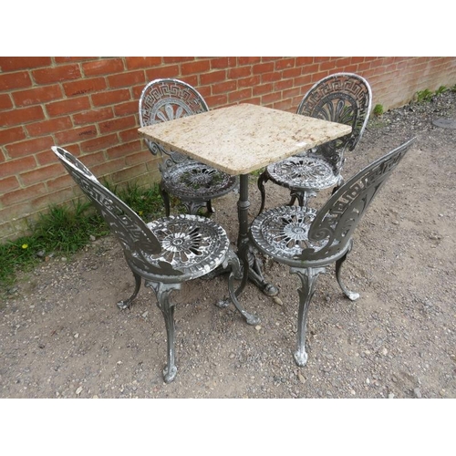 895 - A vintage five-piece garden set painted metallic grey comprising a marble-topped square table on a c... 