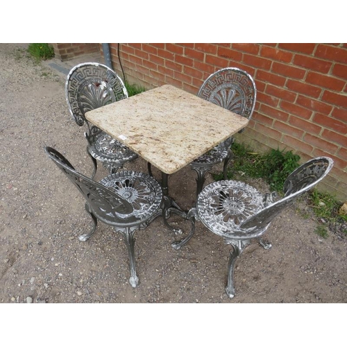 895 - A vintage five-piece garden set painted metallic grey comprising a marble-topped square table on a c... 