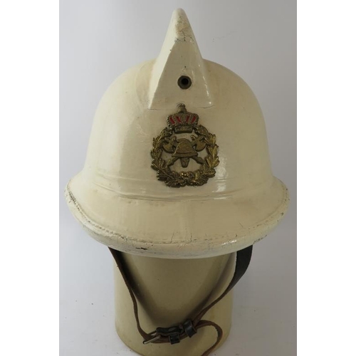 60 - A 1970s Belgian Fire Service white cork fire helmet with Levoir label