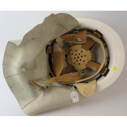 65 - A 1990s Czechoslovakia Fire Service white Ergon fibreglass fire helmet with leather neck cowl