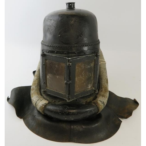 80 - A rare late 19th century British Siebe Gorman & Co leather smoke/rescue helmet with fitted breathing... 