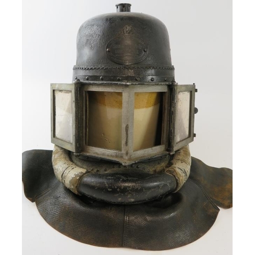 80 - A rare late 19th century British Siebe Gorman & Co leather smoke/rescue helmet with fitted breathing... 