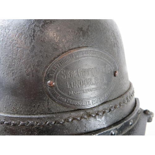 80 - A rare late 19th century British Siebe Gorman & Co leather smoke/rescue helmet with fitted breathing... 