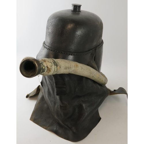 80 - A rare late 19th century British Siebe Gorman & Co leather smoke/rescue helmet with fitted breathing... 