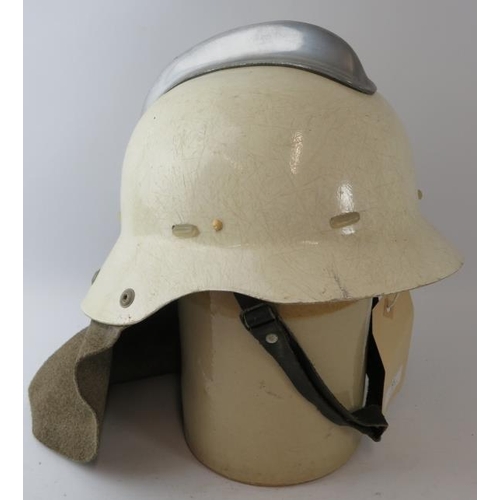 85 - A 1970s Dutch Fire Service white fibreglass fire helmet with leather neck cowl