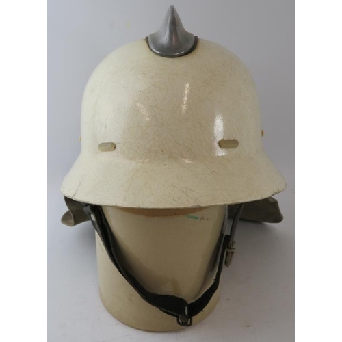 85 - A 1970s Dutch Fire Service white fibreglass fire helmet with leather neck cowl