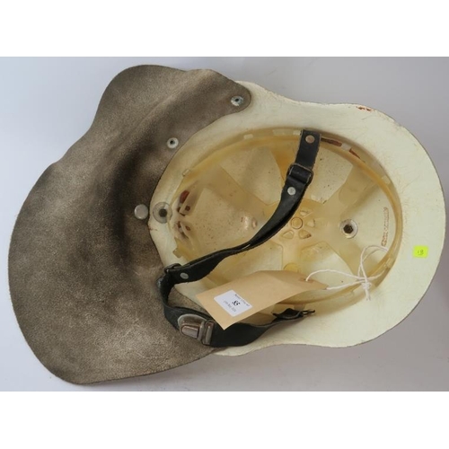 85 - A 1970s Dutch Fire Service white fibreglass fire helmet with leather neck cowl