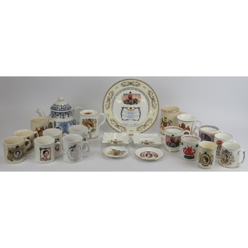 200A - A collection of Royal Commemorative Coronation printed ceramic cups, mugs, saucers and silver plated... 