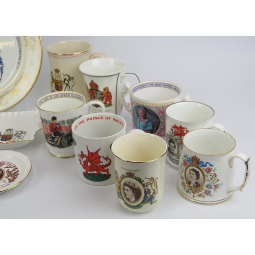 200A - A collection of Royal Commemorative Coronation printed ceramic cups, mugs, saucers and silver plated... 