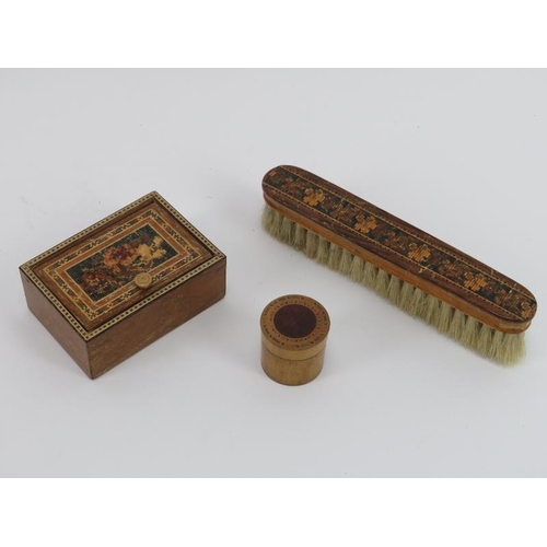 100 - Three Tunbridge ware parquetry inlaid items. Comprising a hair brush, trinket box and cylindrical (3... 