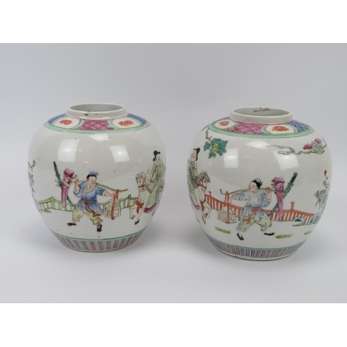 130 - Two Chinese polychrome enamelled famille rose porcelain ginger jars, 19th century. Four character Qi... 