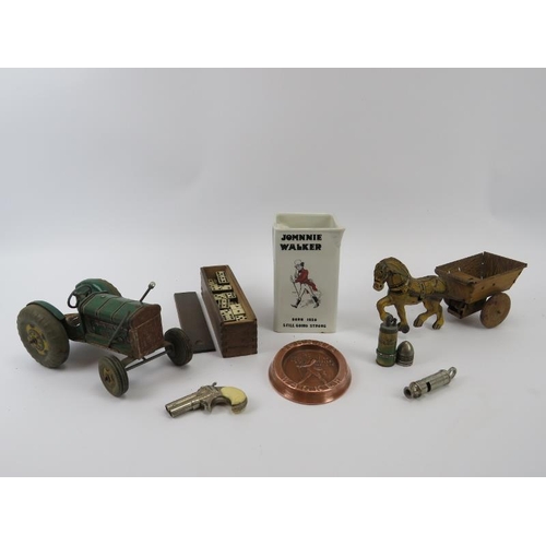 138 - A group of vintage collectable items. Comprising two British tin toys (Tractor and horse pulling car... 