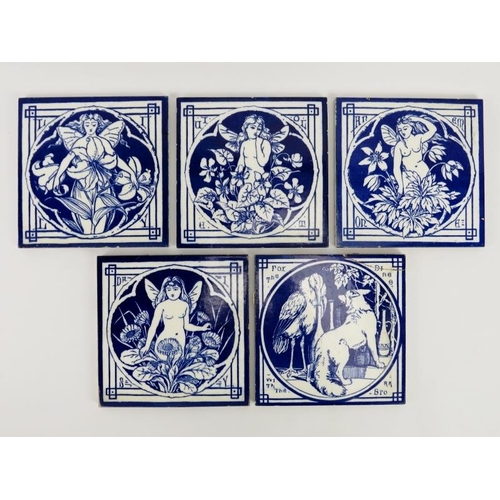 144 - Five Mintons blue and white ceramic tiles. Comprising four tiles depicting flowers and fairies entit... 