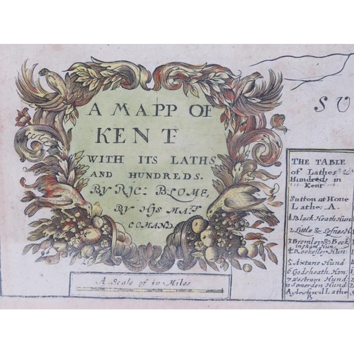 156 - An engraved ‘Mapp of Kent with its Laths and Hundreds’ by Richard Blome, circa 1673. With contempora... 