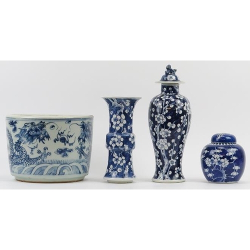 16 - Four Chinese blue and white porcelain wares, 19th century. Comprising a gu form vase, a meiping vase... 