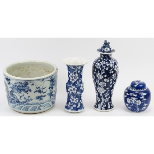 16 - Four Chinese blue and white porcelain wares, 19th century. Comprising a gu form vase, a meiping vase... 