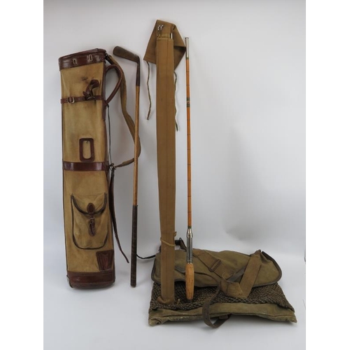 188 - A vintage hickory golf putter with golfing bag and a cane course fishing rod with cover and bag. (4 ... 