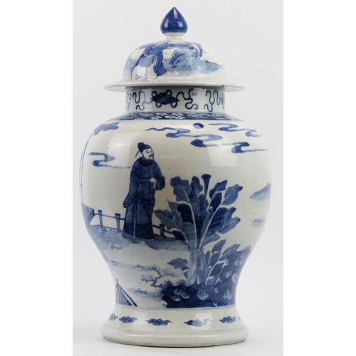 22 - A large Chinese blue and white porcelain baluster vase and cover, 19th century. Decorated with schol... 