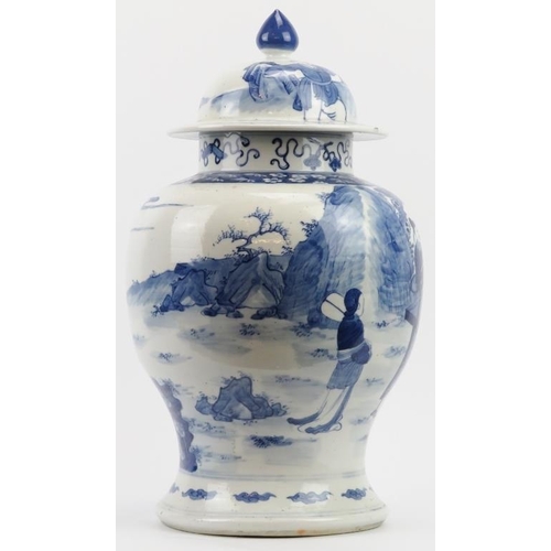 22 - A large Chinese blue and white porcelain baluster vase and cover, 19th century. Decorated with schol... 