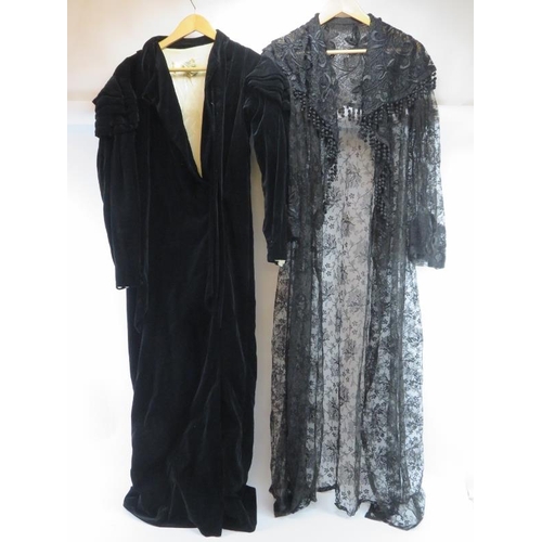 237 - A vintage black velvet dress and lace gown. (2 items) Velvet dress: 138 cm approximate length. Condi... 