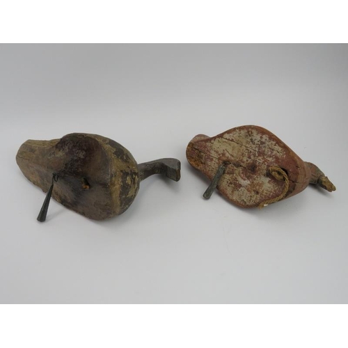 250 - Two antique decoy carved ducks. Both with suspended lead weights. 37 cm length, 28.5 cm length. (2 i... 