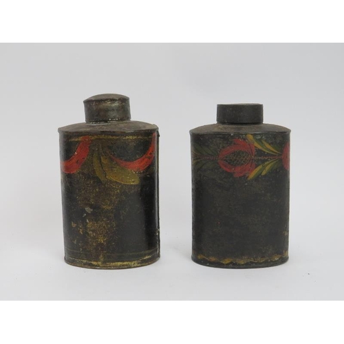 278 - Toleware: Two tea caddies, a compartmented spice box, two cylindrical containers and a rack, 19th/ea... 