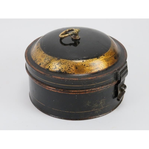 278 - Toleware: Two tea caddies, a compartmented spice box, two cylindrical containers and a rack, 19th/ea... 