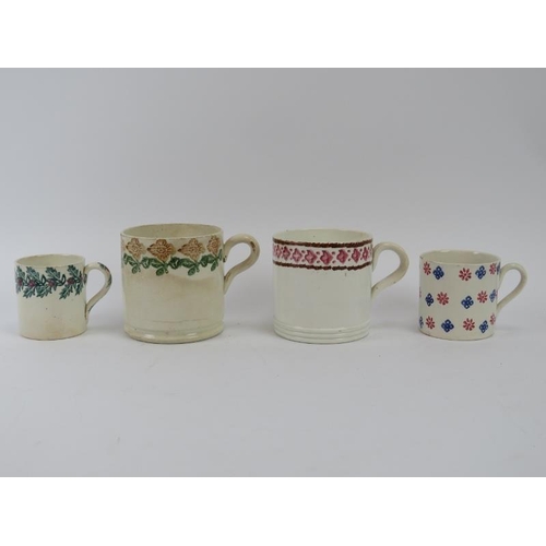 282 - A group of five spongeware ceramic mugs and a bowl, 19th century. (6 items) Bowl: 14.8 cm diameter. ... 