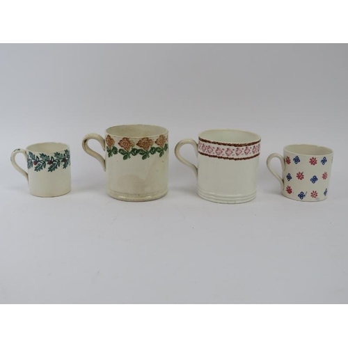 282 - A group of five spongeware ceramic mugs and a bowl, 19th century. (6 items) Bowl: 14.8 cm diameter. ... 