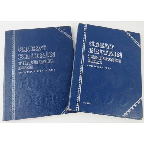 298 - Two albums of British brass threepence coins, each containing coins from 1937-1967.