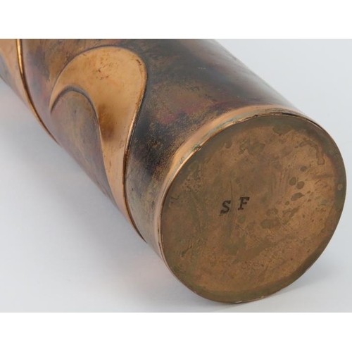 39 - A cylindrical copper vase by Sam Fanaroff. Initialled SF beneath. 26.8 cm height. 

CR: Some age rel... 