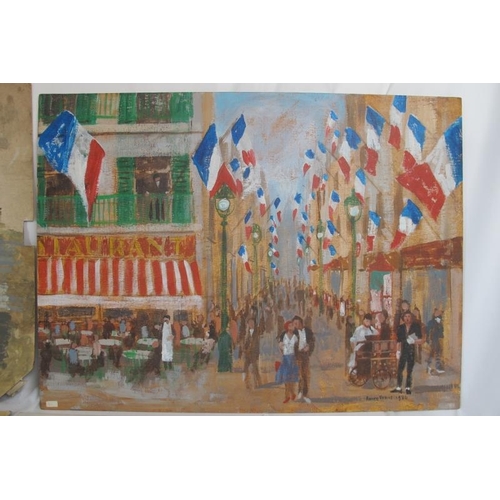 599 - Barry Evans, British. Paris street scene, phoenix rising illustration, historic montage and ship bui... 