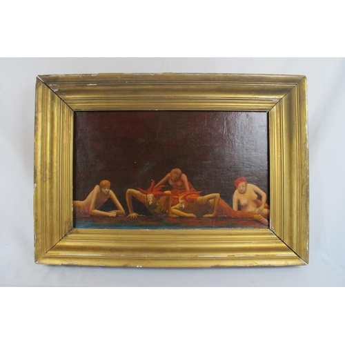 600 - A framed oil on board, 'Theatrical scene with five semi clad figures', unsigned. 35cm x 57.5cm (13