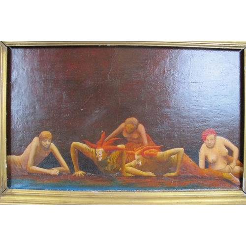 600 - A framed oil on board, 'Theatrical scene with five semi clad figures', unsigned. 35cm x 57.5cm (13