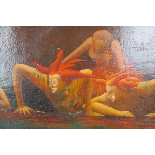 600 - A framed oil on board, 'Theatrical scene with five semi clad figures', unsigned. 35cm x 57.5cm (13