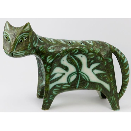 8 - A large Italian studio pottery cat by Alessio Tasca, circa 1970s. 41 cm length. Decorated with doves... 