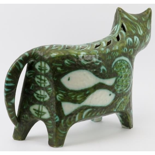 8 - A large Italian studio pottery cat by Alessio Tasca, circa 1970s. 41 cm length. Decorated with doves... 