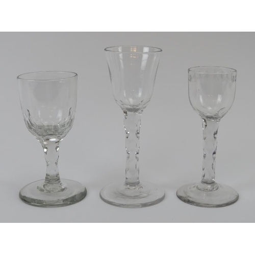 87 - Three faceted stem drinking glass, late 18th/19th century. (3 items) 15.3 cm tallest height. Conditi... 